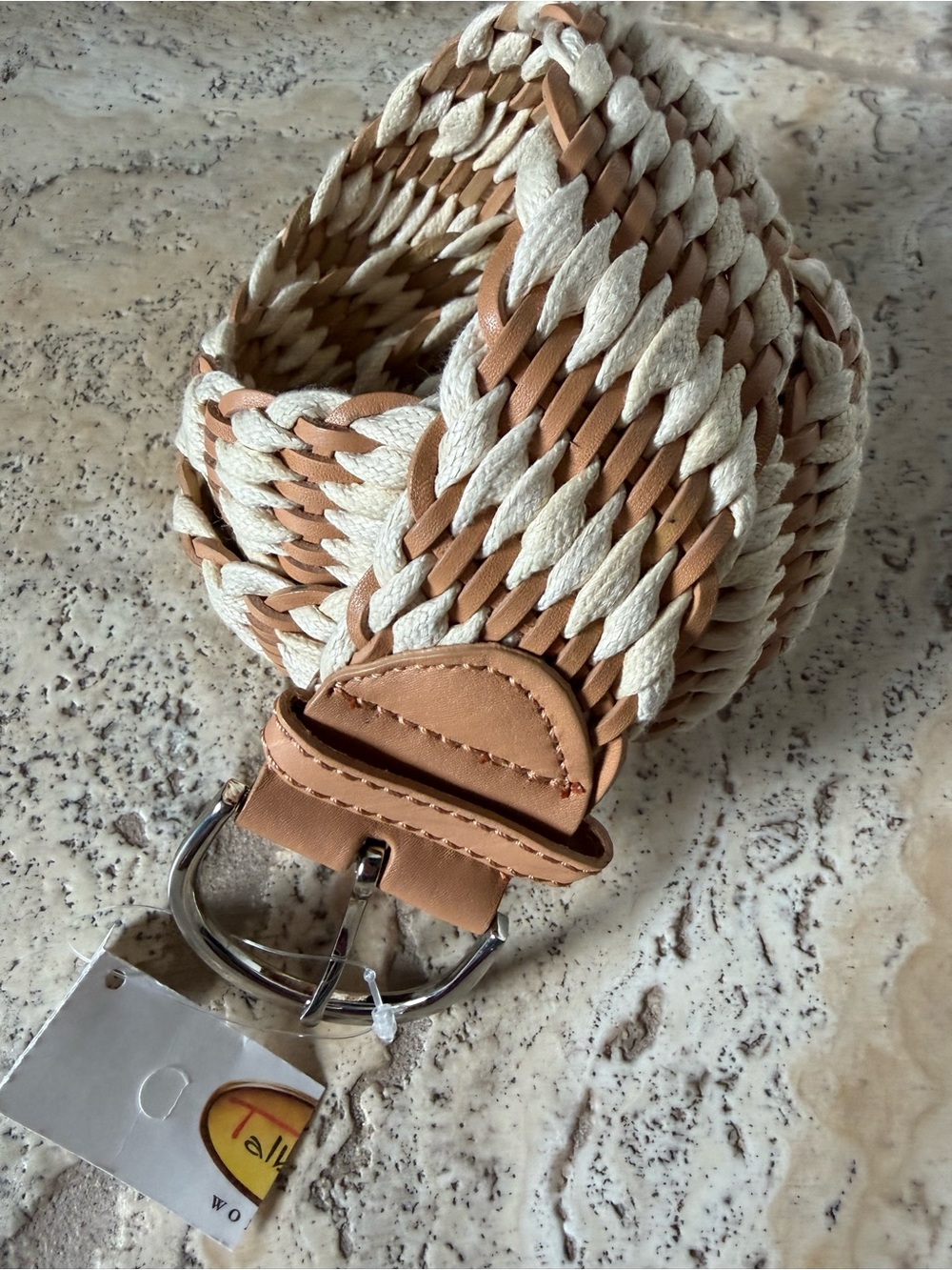 NWT TALBOTS WOMAN tan leather cream cotton braided belt 3X